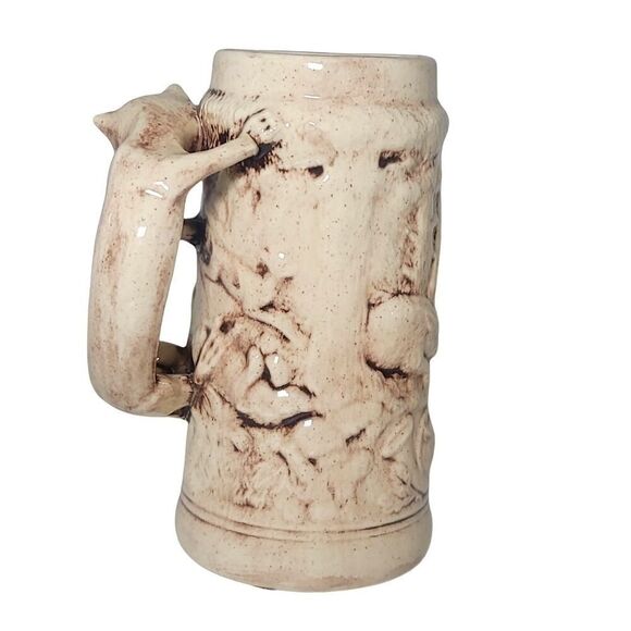 Vintage Large Ceramic Mug Stein With 3D Deer And Fox Handle Signed JES 6.5" Tall - Picture 6 of 11